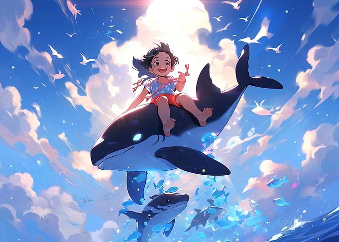 Child Riding Orca in Sky