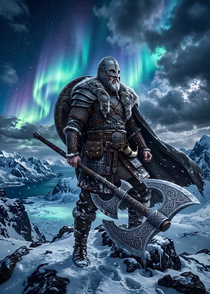 Viking Warrior Under Northern Lights