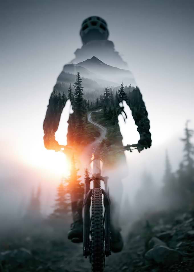 Double Exposure Mountain Biker Silhouette