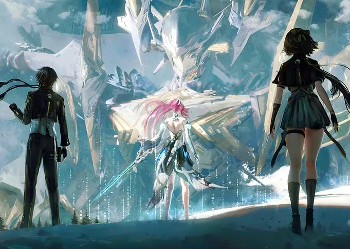Wuthering Waves Characters Facing Giant Mech