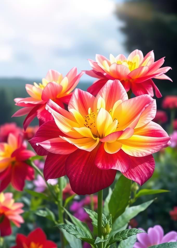 Vibrant Red and Yellow Dahlia Flowers
