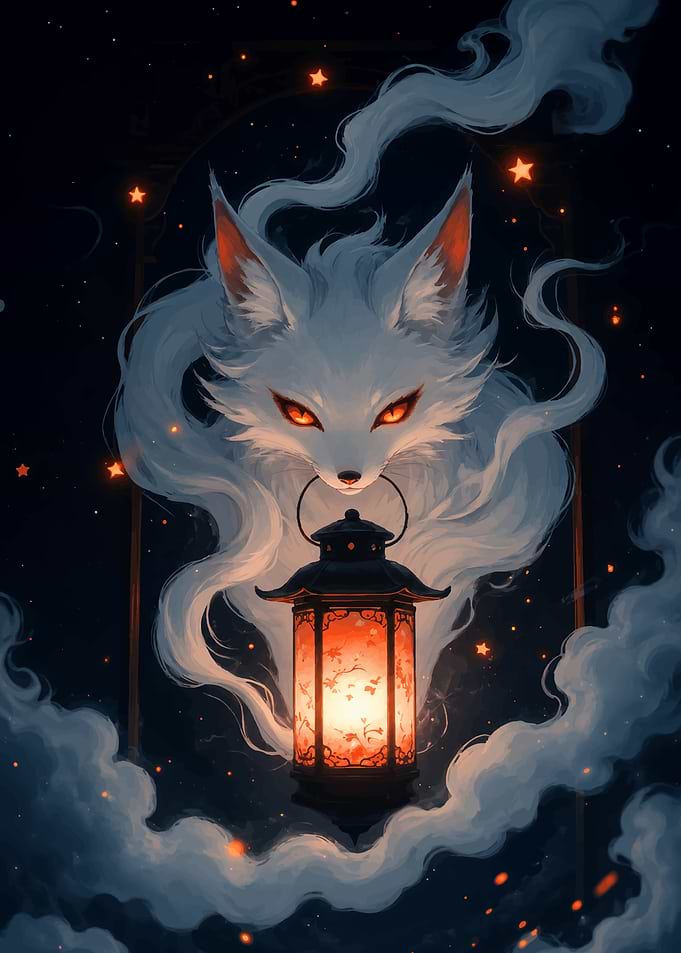 Mystical White Fox with Lantern