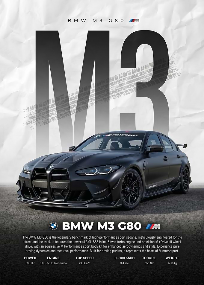 black sleek BMW M3 G80 car Poster