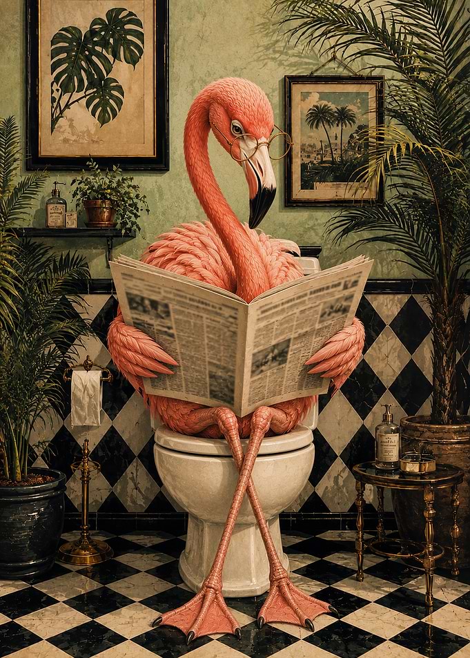 Sophisticated Flamingo Reading on Toilet