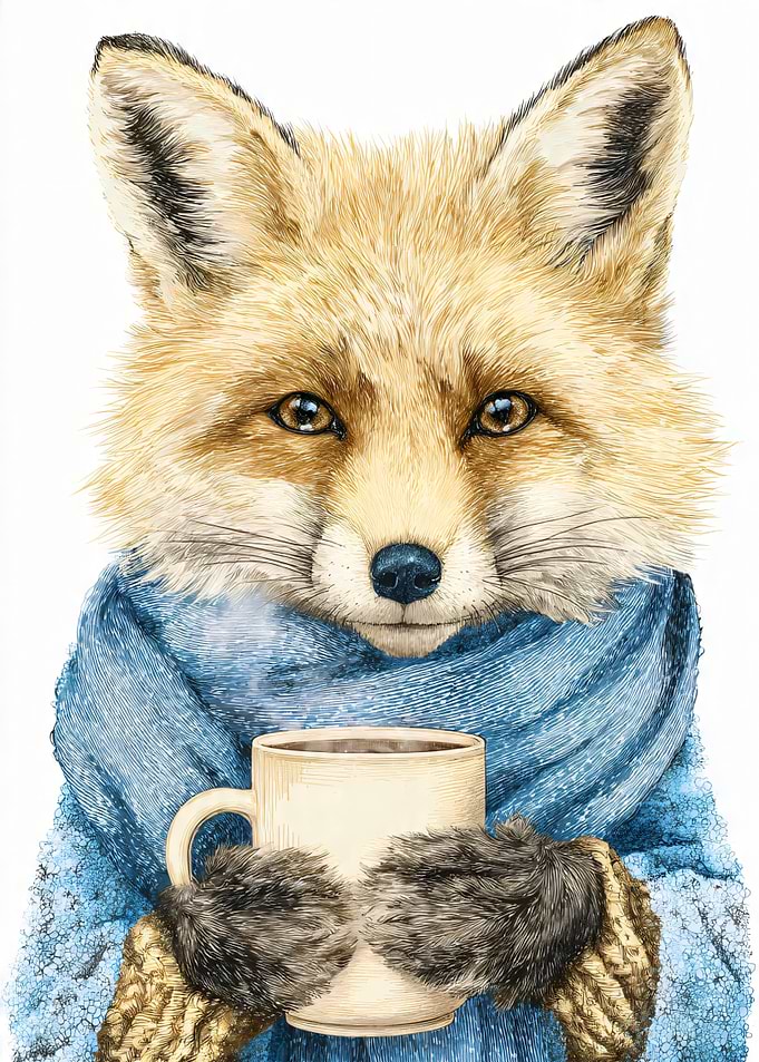 Cozy Fox Holding a Warm Mug
