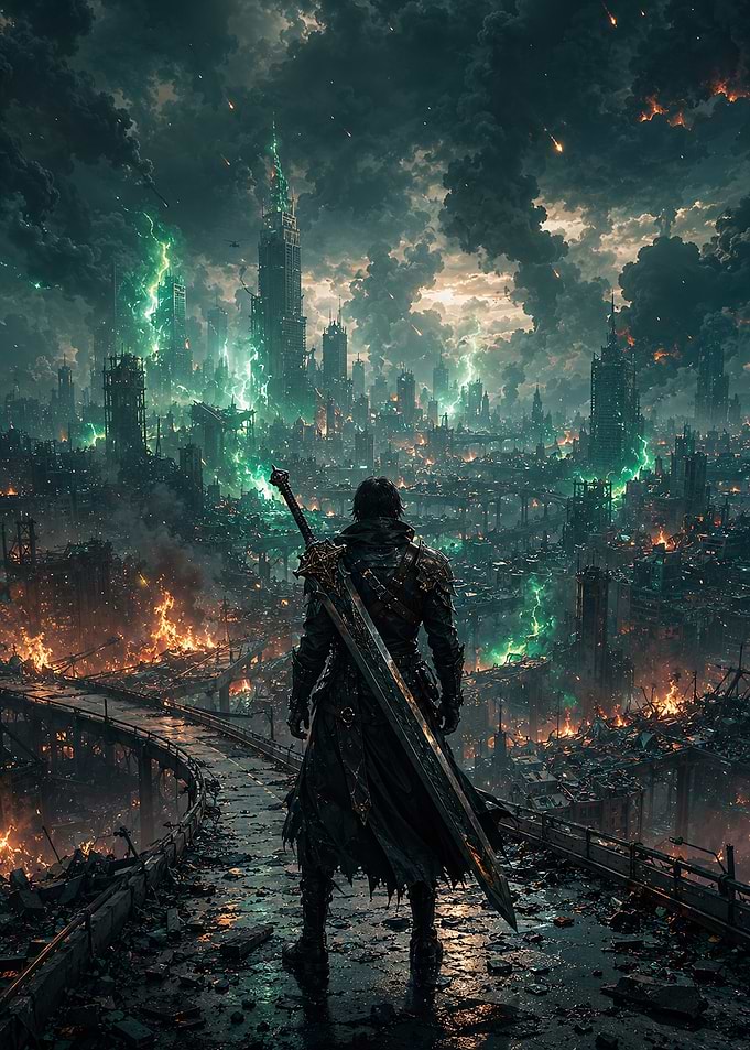 Warrior Standing Before Burning Ruined City