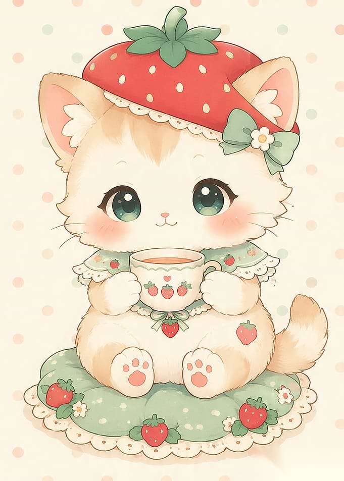 Cute Strawberry Kitten with Tea