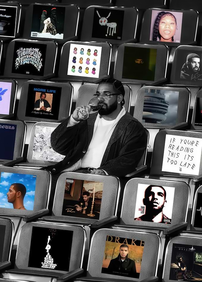 Drake Surrounded by His Album Covers