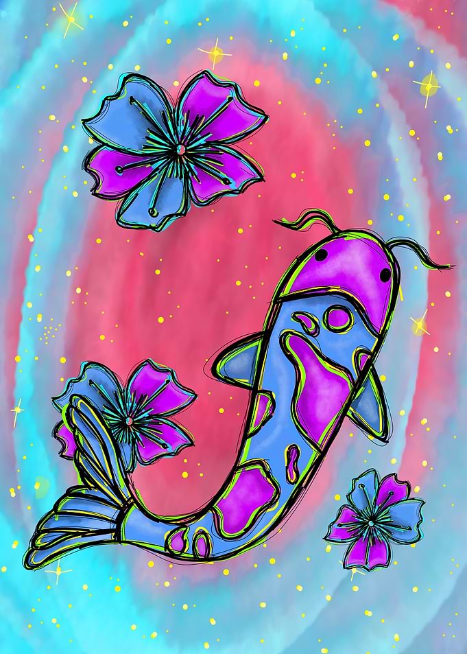 Neon Koi Japanese Fish Digital Art Illustration