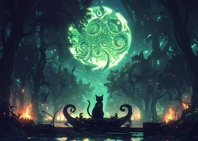 Mystical Cat Under Glowing Moon