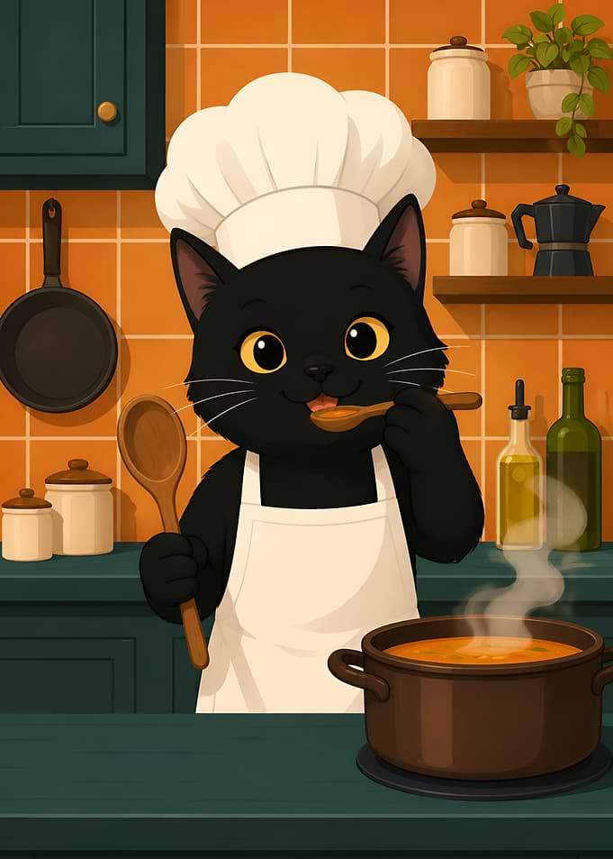 Black Cat Chef Cooking Soup