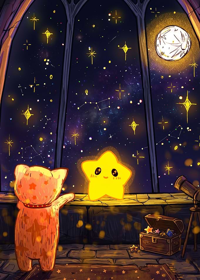Cute Cat Watching Glowing Star