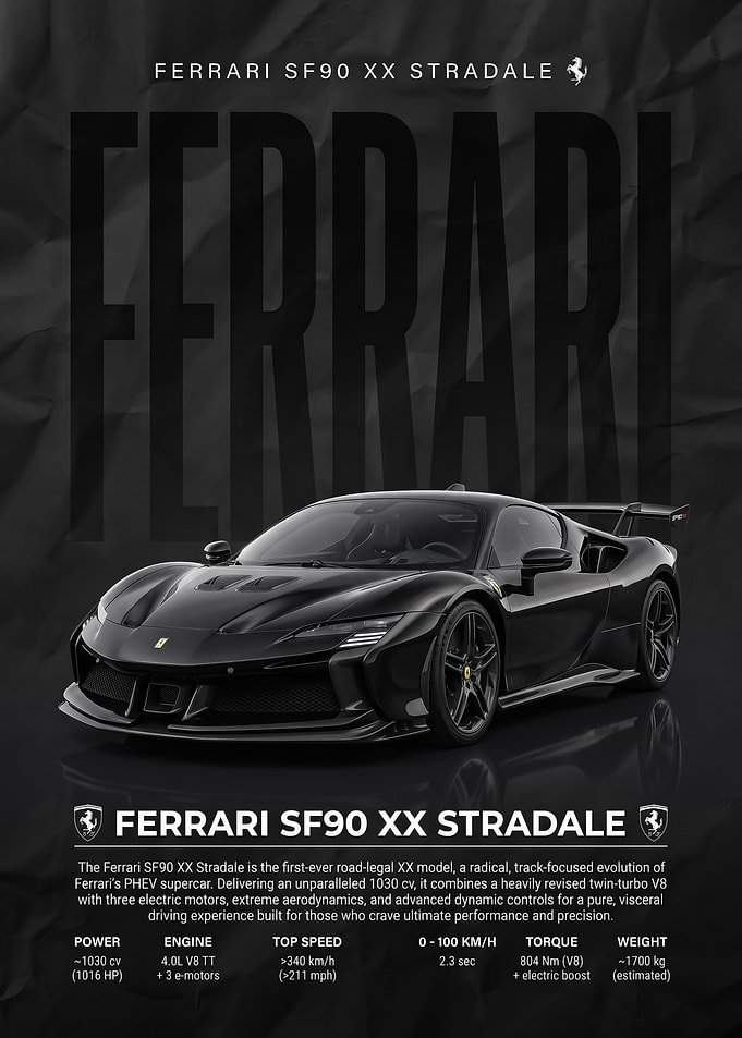 black sleek Ferrari SF90 XX Stradale Poster