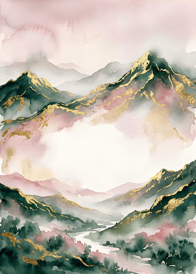 Watercolor Mountain Landscape with Gold Accents
