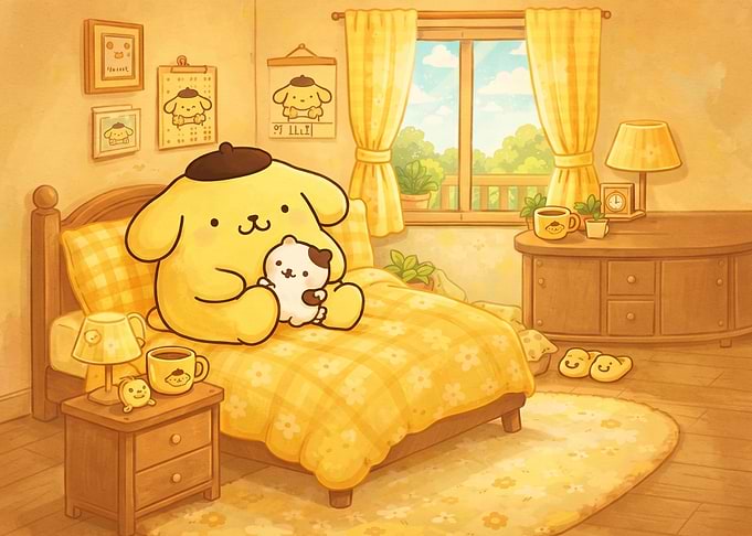Pompompurin Relaxing in a Cozy Bedroom