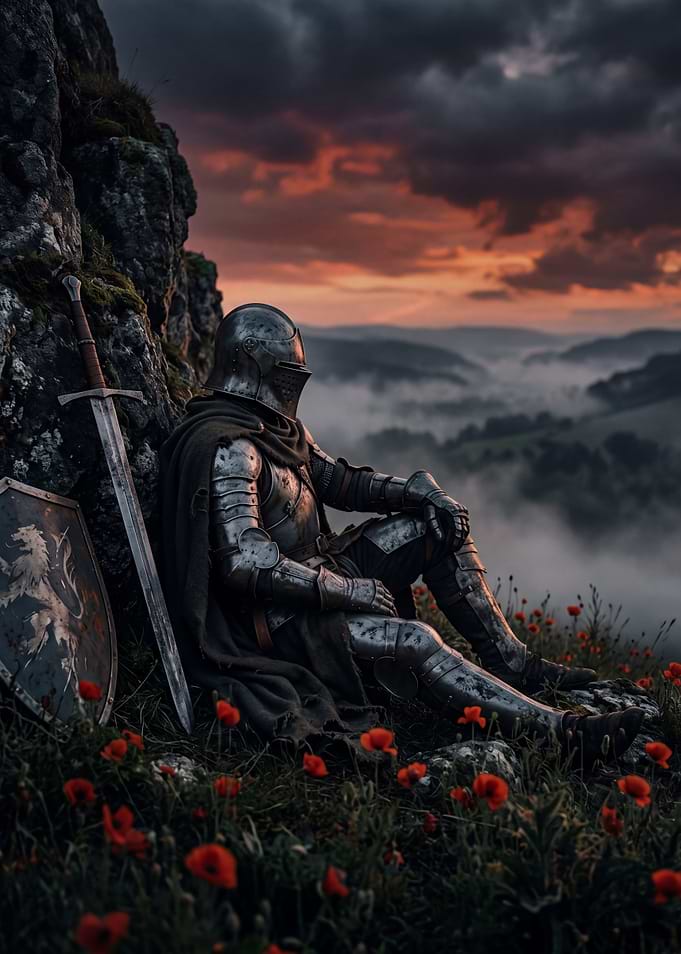 Weary Knight Resting at Sunset