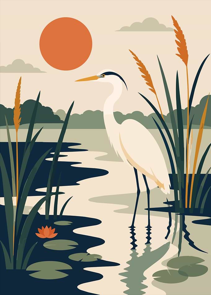 Minimalist Heron in a Marshland Boho Art