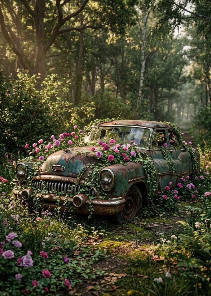 Abandoned Vintage Car Overgrown with Roses