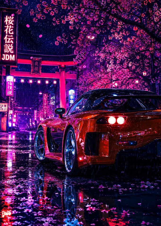 Neon JDM Sports Car Under Sakura