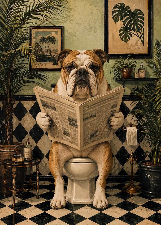 Sophisticated Bulldog Reading on Toilet