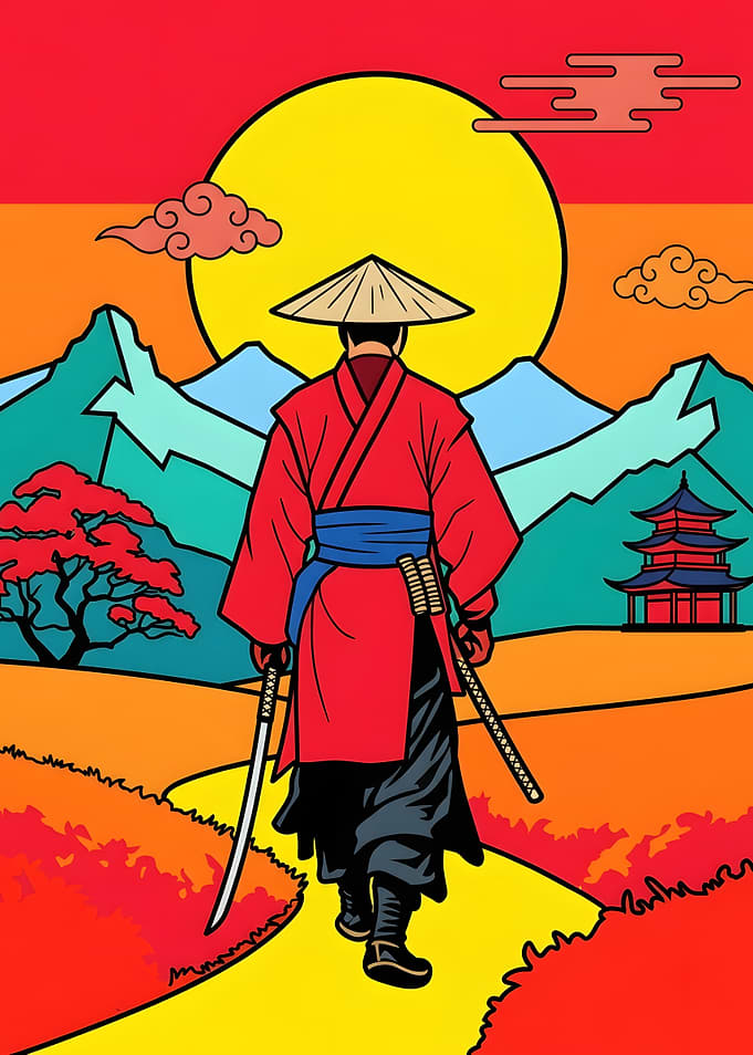 Samurai Walking Toward Mountain Sunset