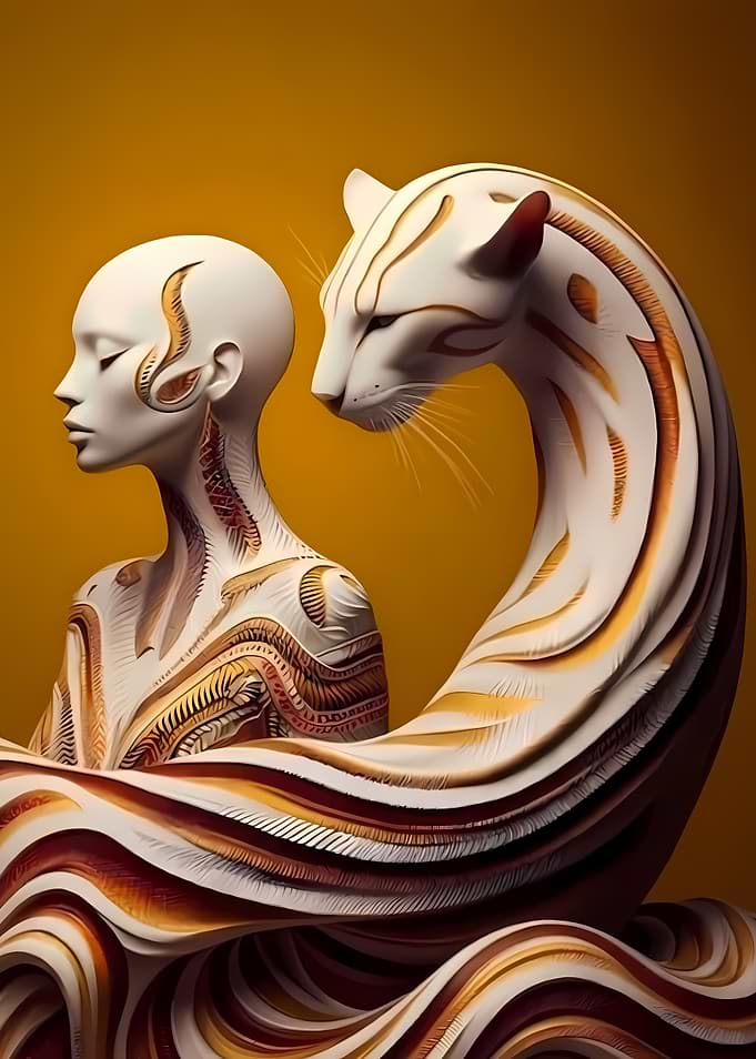 Surreal Woman and Tiger Sculpture
