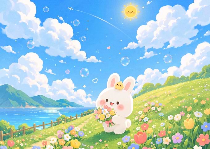 Cute Bunny Holding Flowers in Meadow
