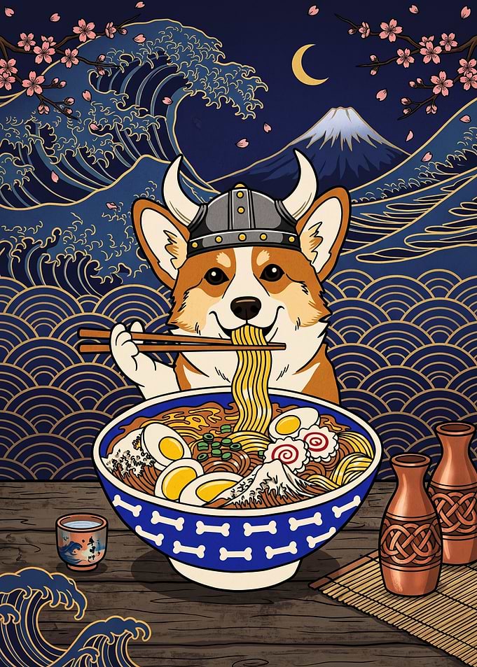 Viking Corgi Eating Ramen Illustration