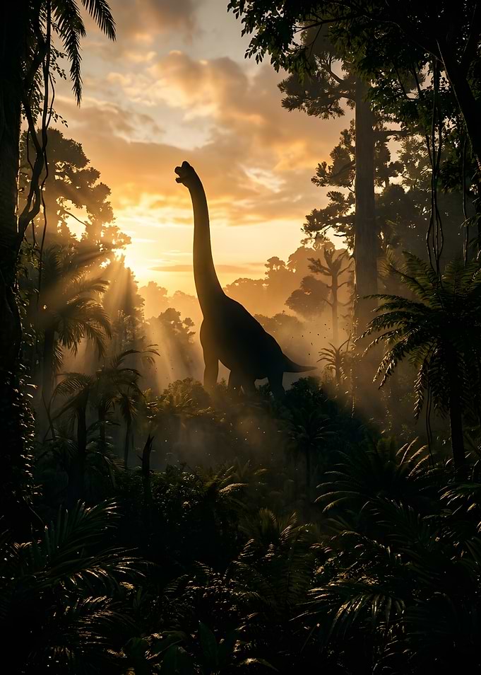 Dinosaur Silhouette in Tropical Jungle