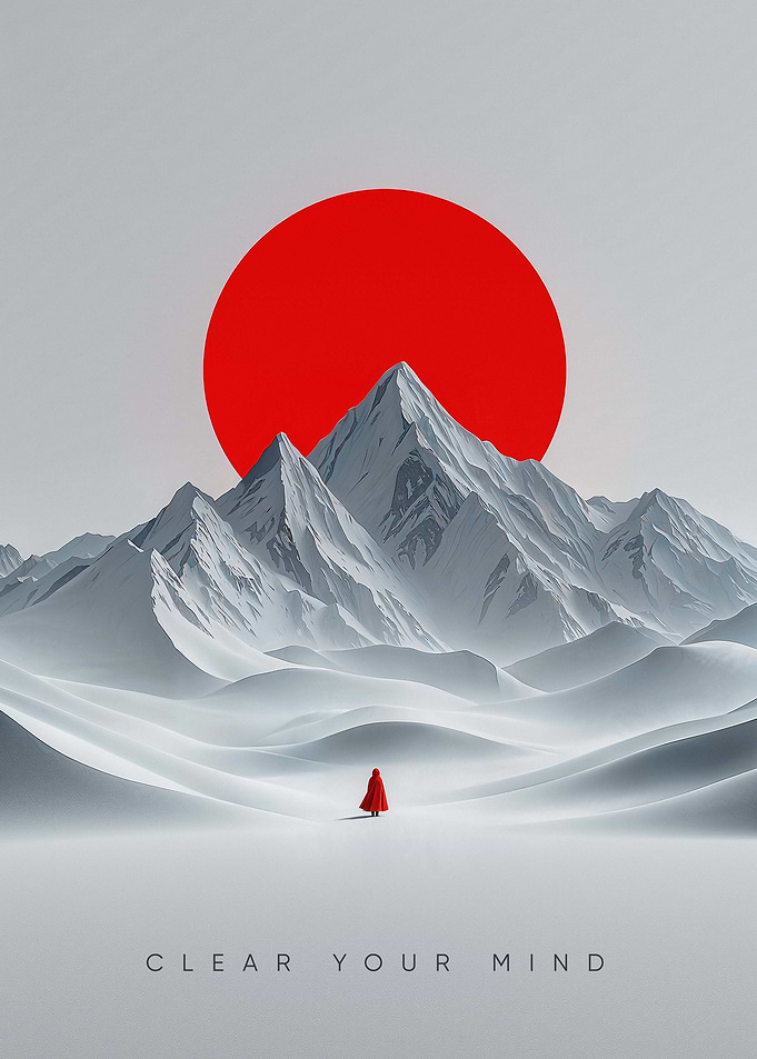 Minimalist Mountain Landscape with Red Cloak