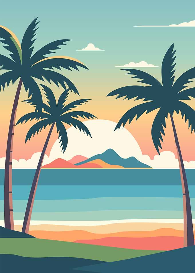 Tropical Beach Sunset Illustration