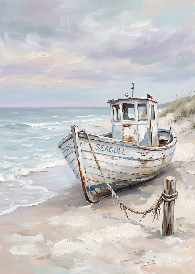 Weathered Seagull Boat on Sandy Shore