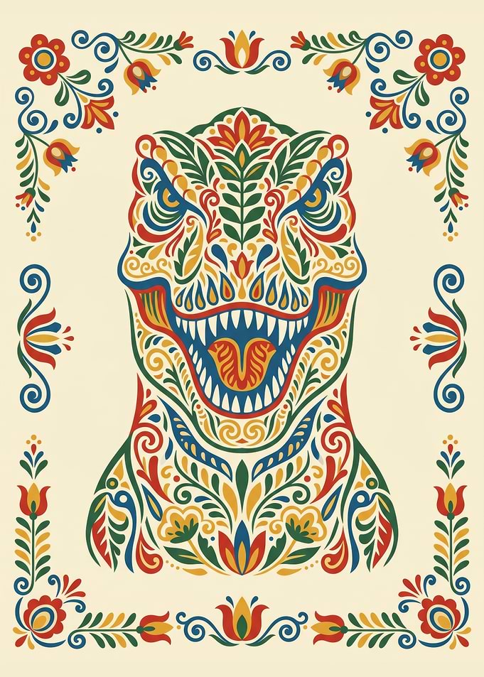 Traditional Nordic Kurbits Folk Art Dinosaur
