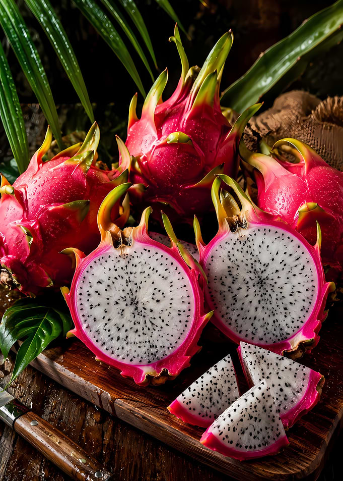 Fresh Dragon Fruit on Wooden Board