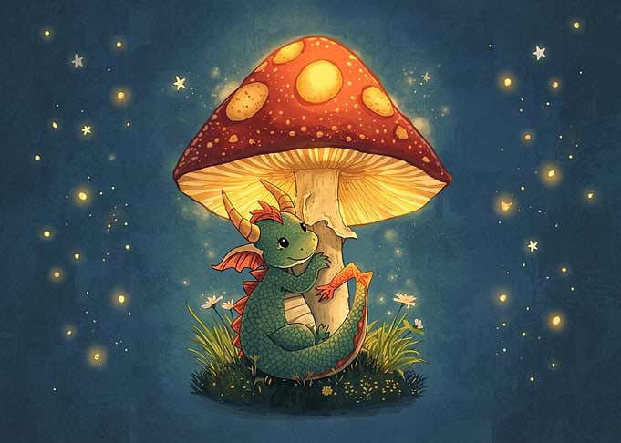 Cute Baby Dragon Under Glowing Mushroom