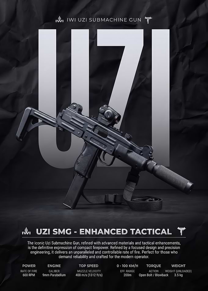 black Uzi Submachine Gun Tactical Poster