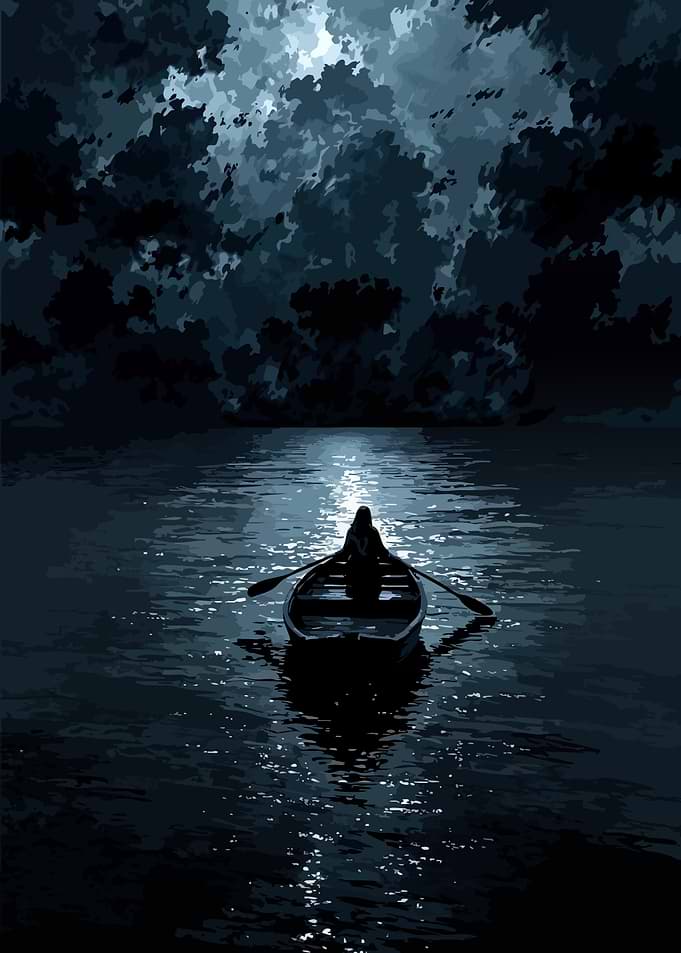 Lone Rower Under Moonlight