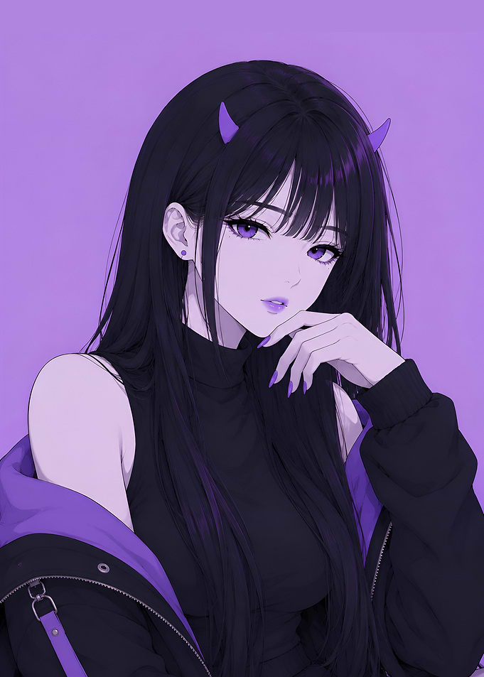 Anime Demon Oni Girl with Purple Horns