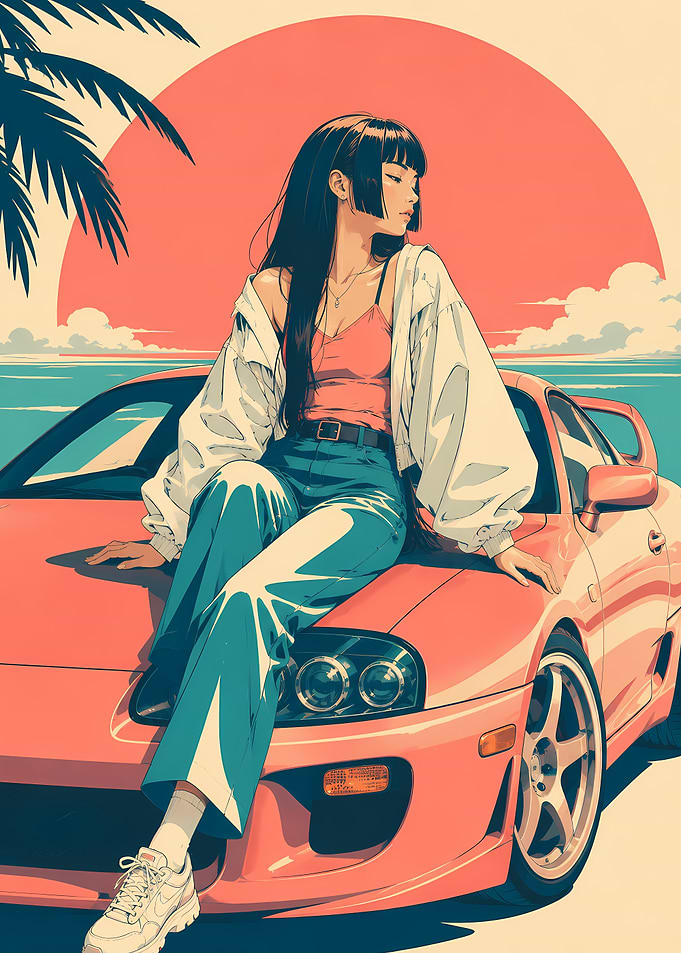 Anime Girl Sitting on Toyota Supra