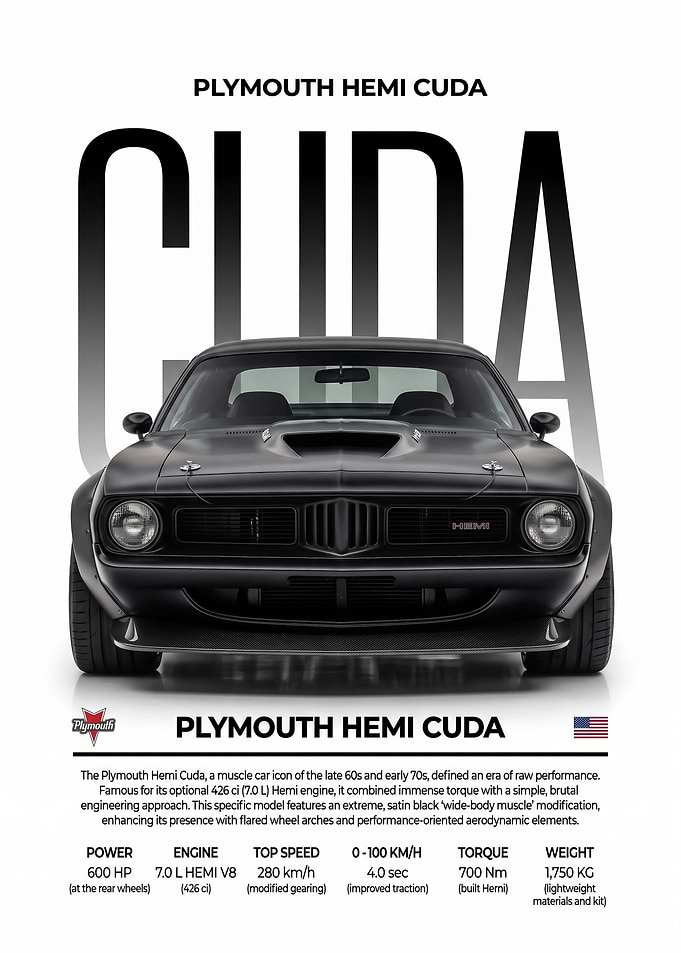 black Plymouth Hemi Cuda Muscle Car Poster