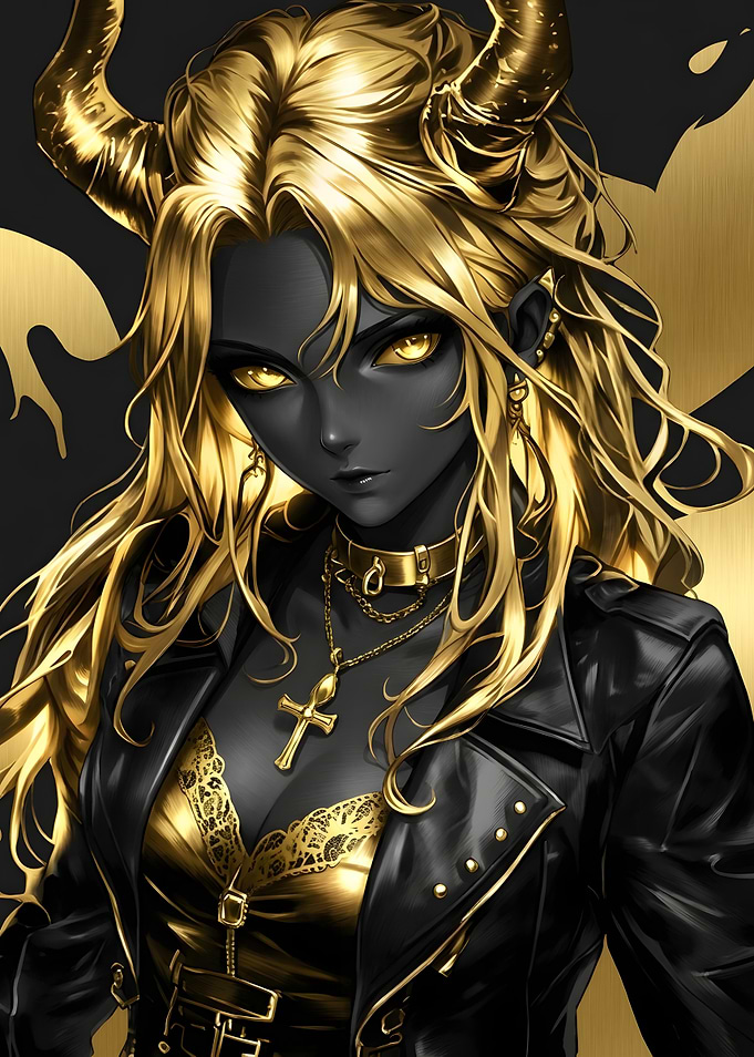 Golden Horned Demon Girl Portrait