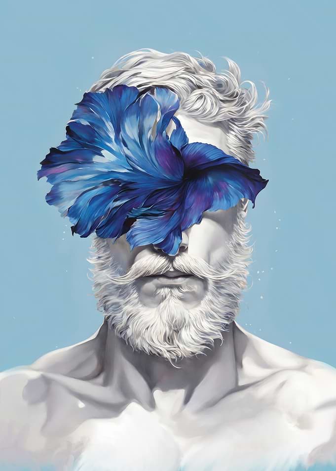 Surreal Statue with Blue Flower