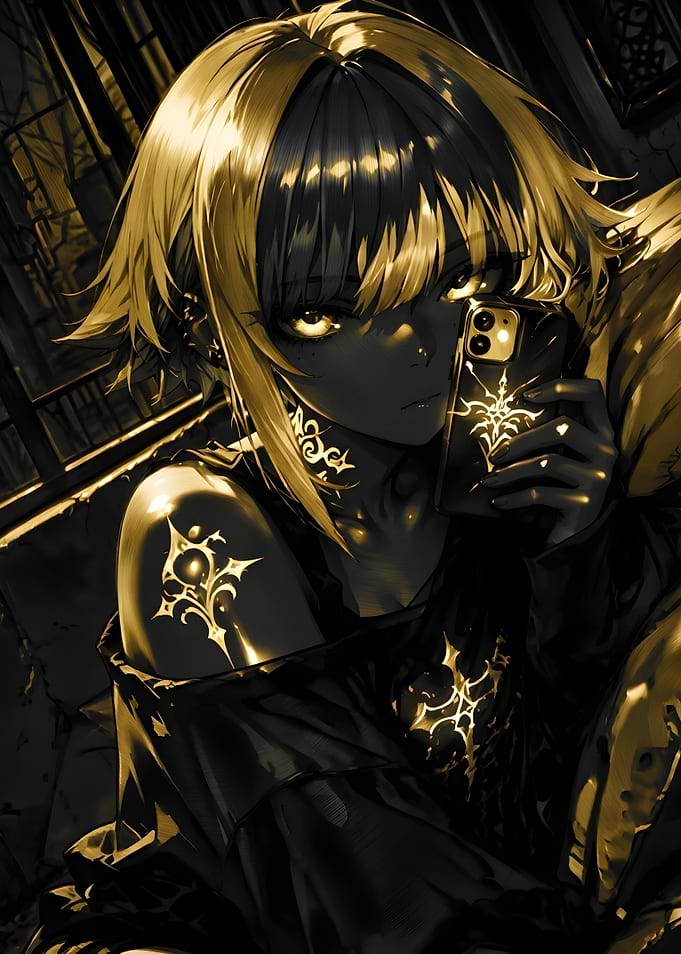 Anime Girl with Glowing Gold Tattoos