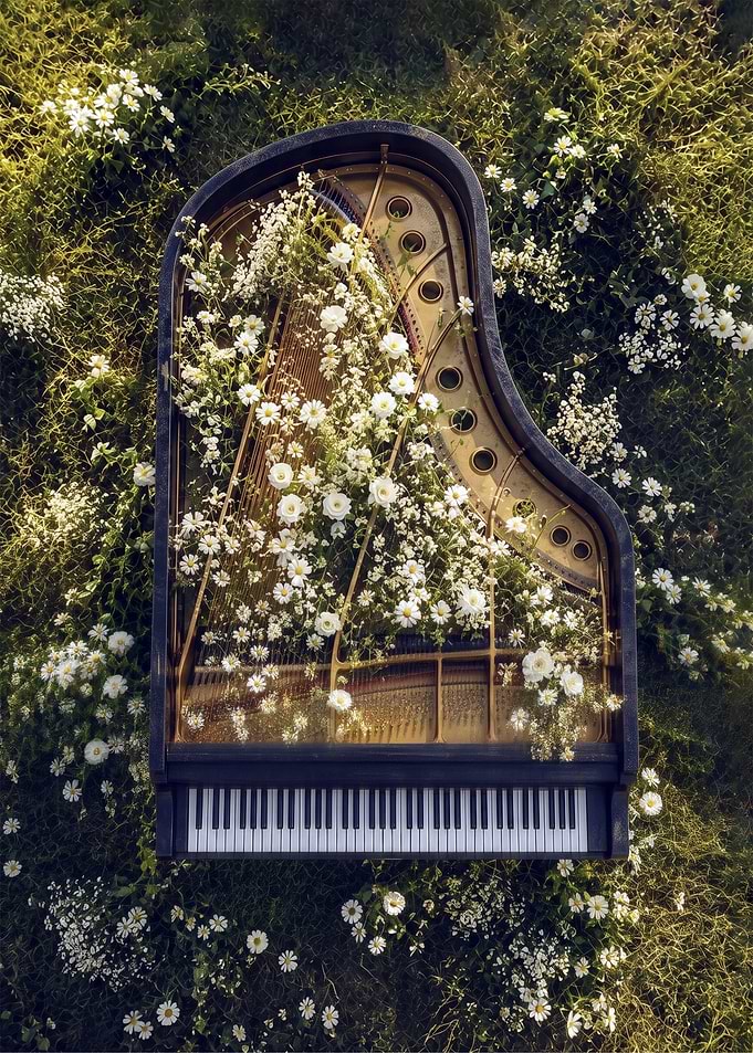 Overgrown Piano Wildflowers Art