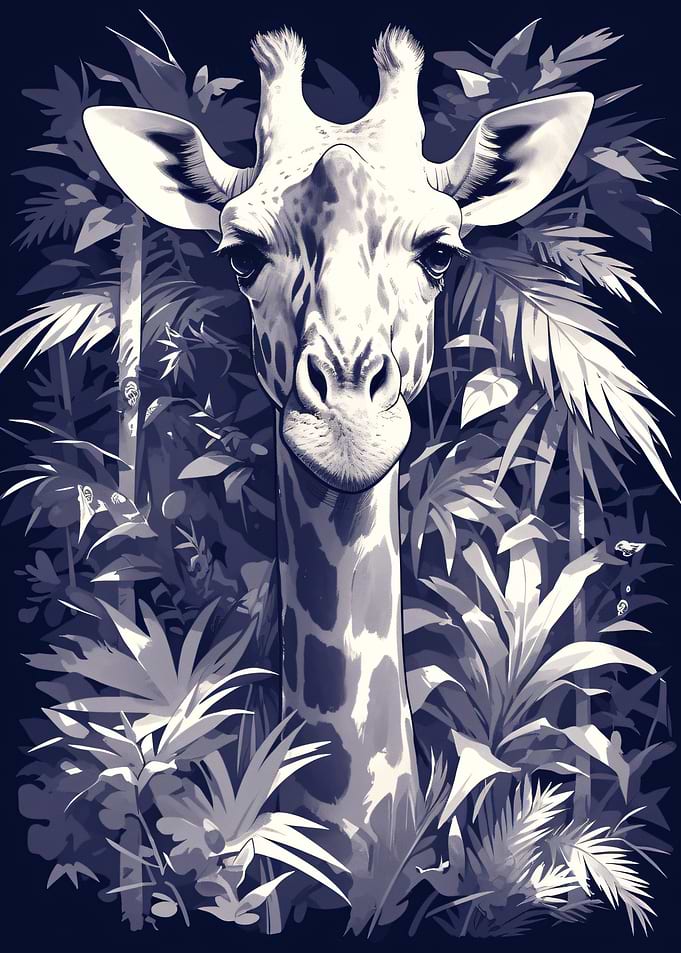 Monochromatic Giraffe in Tropical Foliage