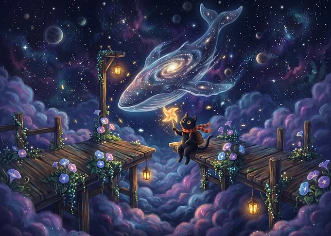 Cat and Cosmic Whale in Clouds
