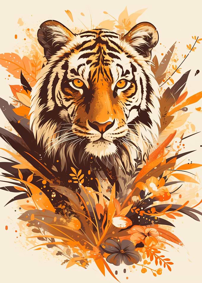 Majestic Tiger Portrait with Floral Accents