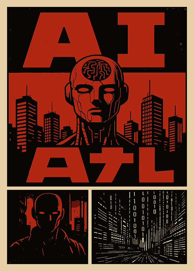 AI ATL Propaganda Robot Head Vintage Poster | Retro Cyberpunk Wall Art
