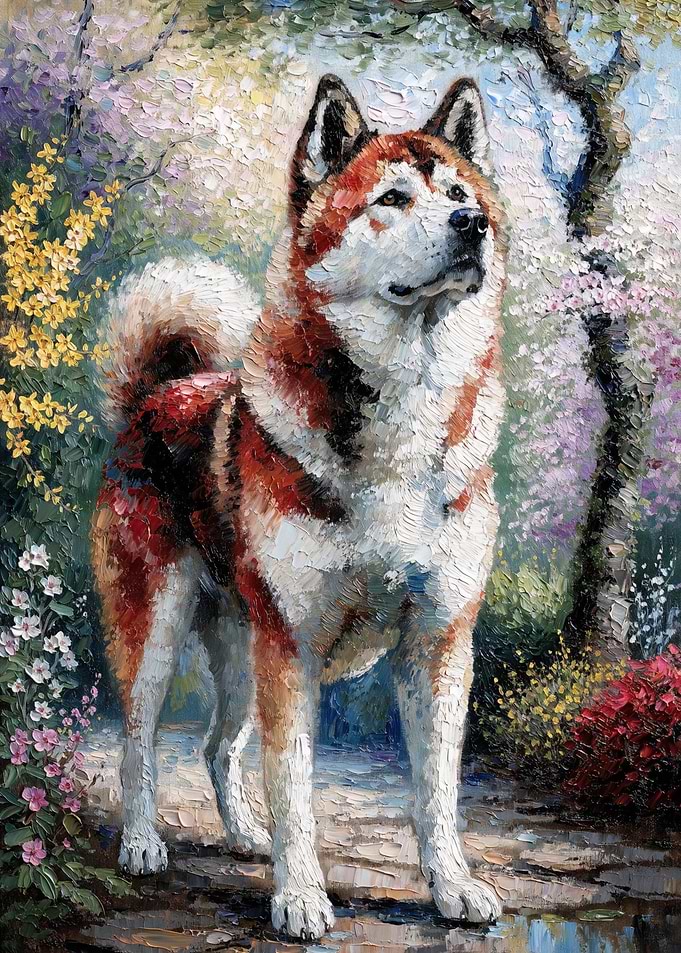 Impressionist Akita Dog in Garden