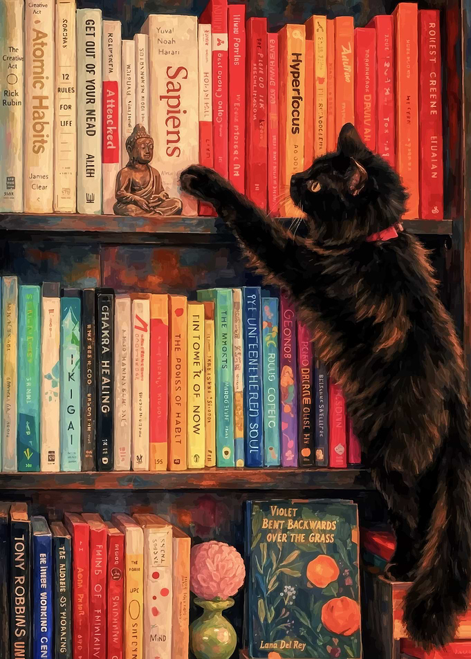 Black Cat Reaching for Buddha Statue
